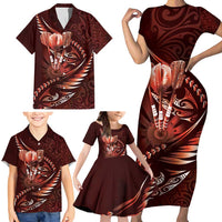 Personalised All Red New Zealand Darts Family Matching Short Sleeve Bodycon Dress and Hawaiian Shirt Aoteroa Fern Maori Galaxy Style LT14 - Polynesian Pride
