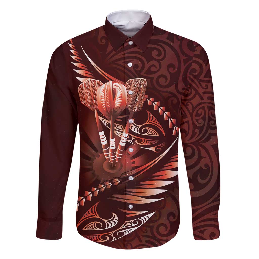 Personalised All Red New Zealand Darts Family Matching Short Sleeve Bodycon Dress and Hawaiian Shirt Aoteroa Fern Maori Galaxy Style LT14 Dad's Shirt - Long Sleeve Red - Polynesian Pride