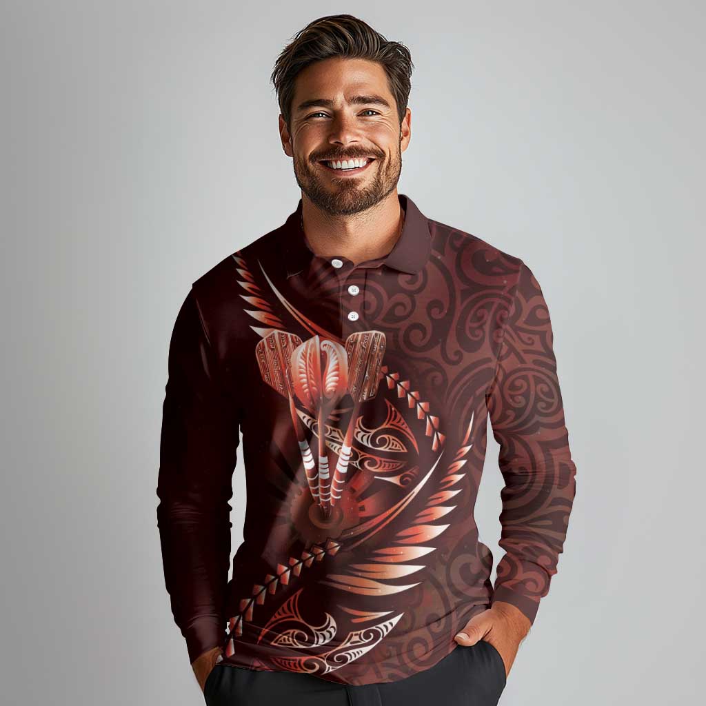 Personalised All Red New Zealand Darts Long Sleeve Polo Shirt Aoteroa Fern Maori Galaxy Style