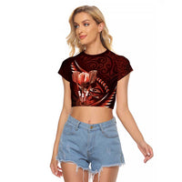Personalised All Red New Zealand Darts Raglan Cropped T Shirt Aoteroa Fern Maori Galaxy Style LT14 Female Red - Polynesian Pride