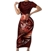 Personalised All Red New Zealand Darts Short Sleeve Bodycon Dress Aoteroa Fern Maori Galaxy Style LT14 Long Dress Red - Polynesian Pride