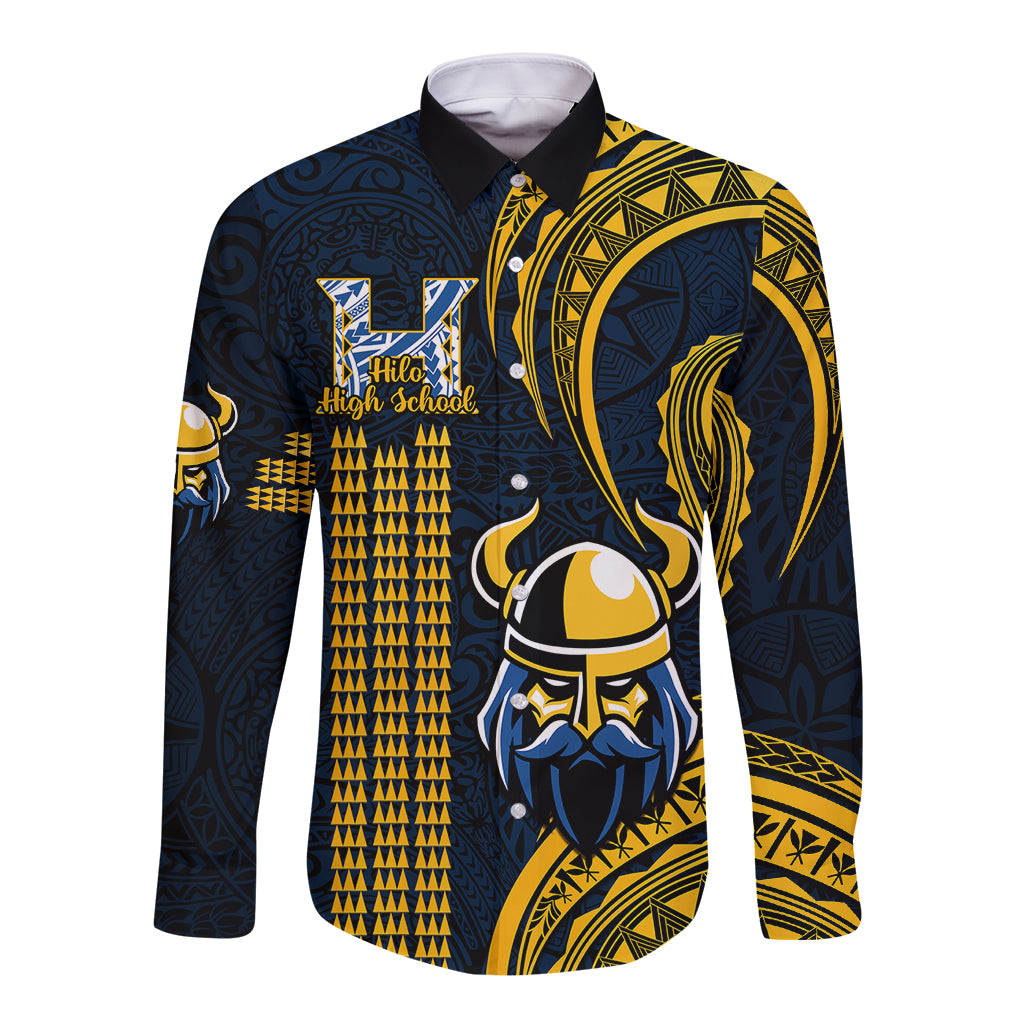 Personalised Hawaii Hilo High School Long Sleeve Button Shirt Vikings Polynesian Kakau Pattern LT14 Unisex Gold - Polynesian Pride