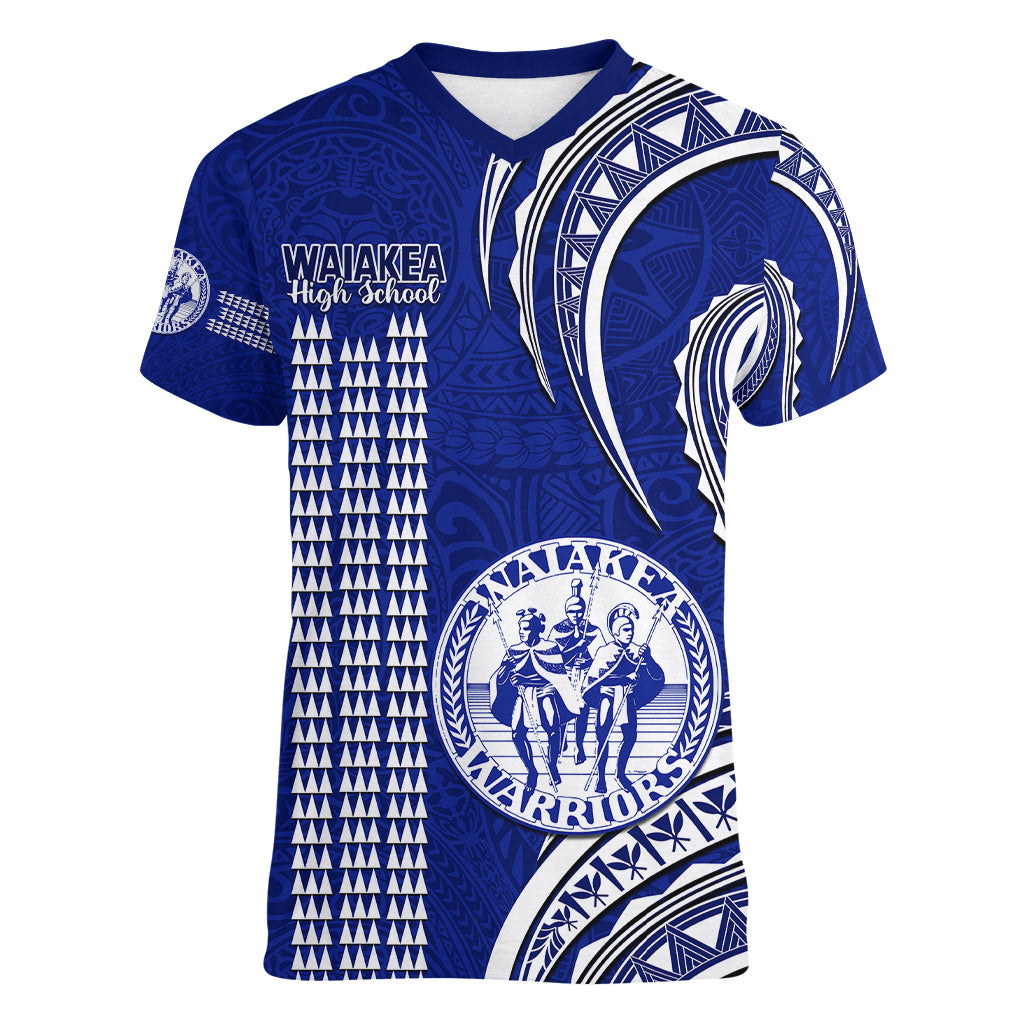 Hawaii Waiakea High School Women V Neck T Shirt Polynesian Kakau Pattern LT14 Female Blue - Polynesian Pride