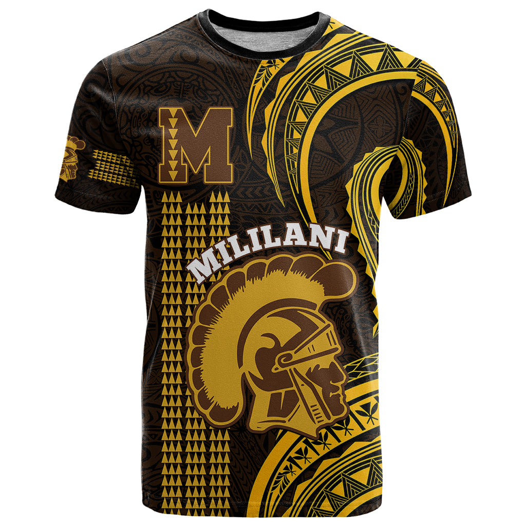 Custom Hawaii Mililani High School T Shirt Polynesian Kakau Pattern LT14 Gold - Polynesian Pride