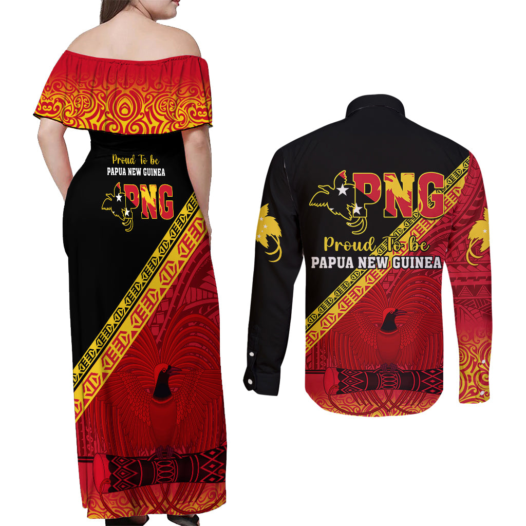 Papua New Guinea Couples Matching Off Shoulder Maxi Dress and Long Sleeve Button Shirts Independen Stet bilong Papua Niugini Unique Version LT14 - Polynesian Pride