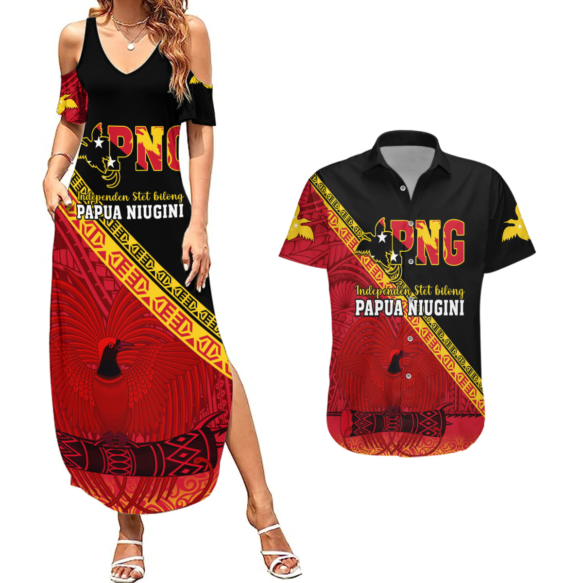 Papua New Guinea Couples Matching Summer Maxi Dress and Hawaiian Shirt Independen Stet bilong Papua Niugini Unique Version LT14 Red - Polynesian Pride