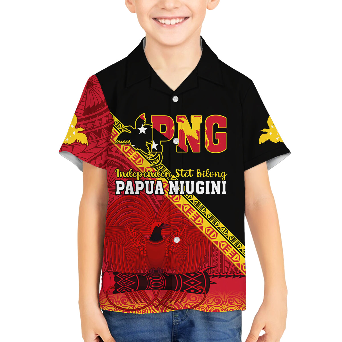 Papua New Guinea Family Matching Long Sleeve Bodycon Dress and Hawaiian Shirt Independen Stet bilong Papua Niugini Unique Version LT14 Son's Shirt Red - Polynesian Pride