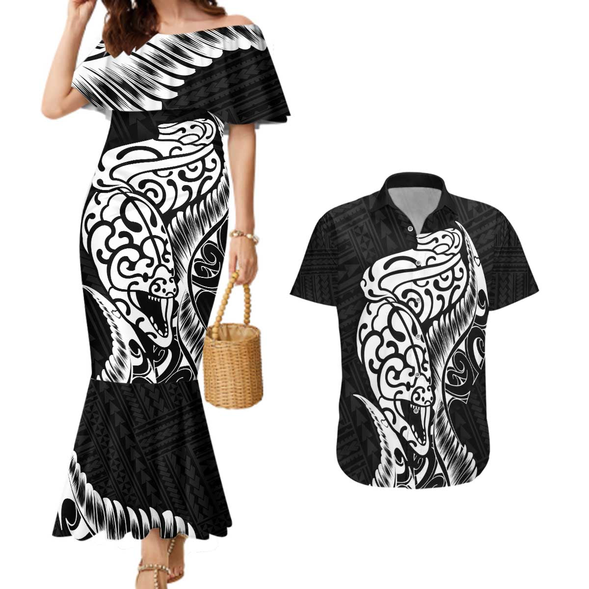 New Zealand Eel Couples Matching Mermaid Dress and Hawaiian Shirt Tuna Aotearoa Maori Patten - Black LT14 Black - Polynesian Pride