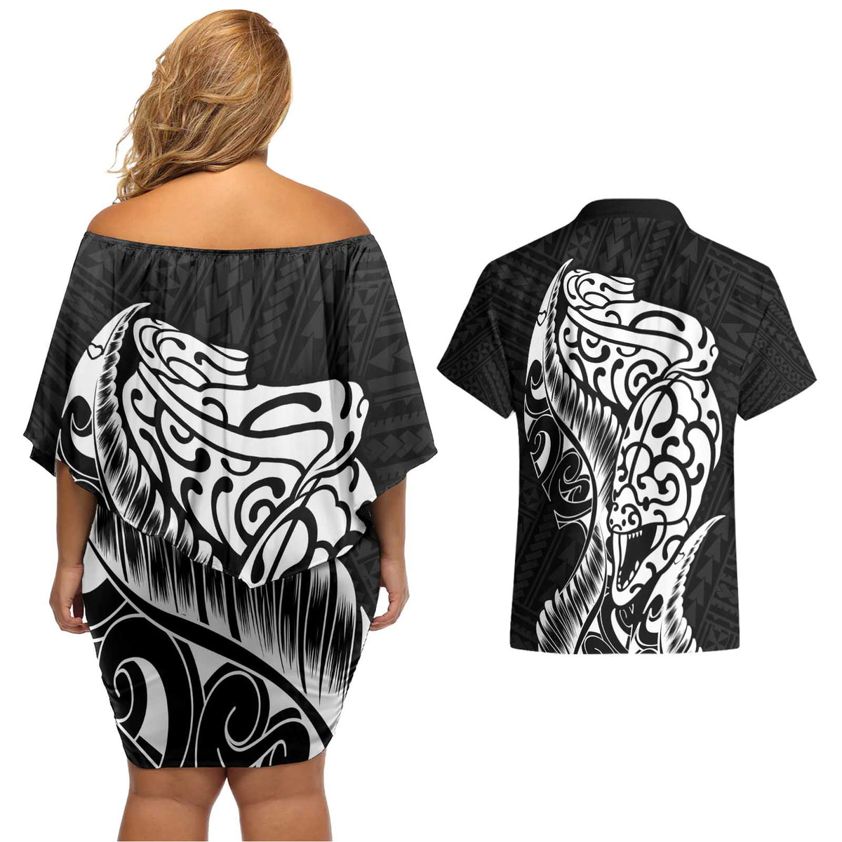 New Zealand Eel Couples Matching Off Shoulder Short Dress and Hawaiian Shirt Tuna Aotearoa Maori Patten - Black LT14 - Polynesian Pride