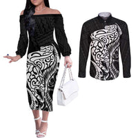 New Zealand Eel Couples Matching Off The Shoulder Long Sleeve Dress and Long Sleeve Button Shirt Tuna Aotearoa Maori Patten - Black LT14 Black - Polynesian Pride