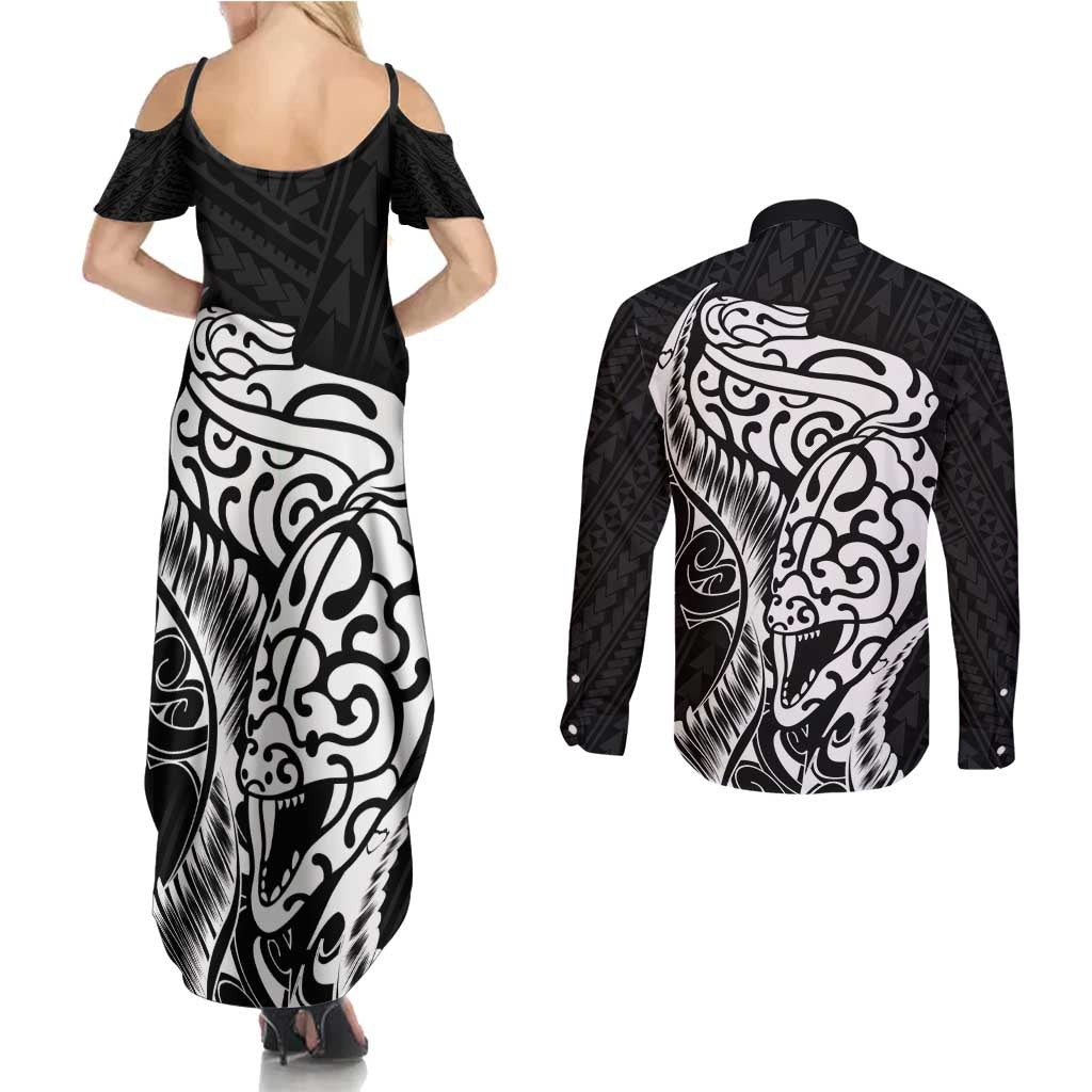 New Zealand Eel Couples Matching Summer Maxi Dress and Long Sleeve Button Shirt Tuna Aotearoa Maori Patten - Black LT14 - Polynesian Pride