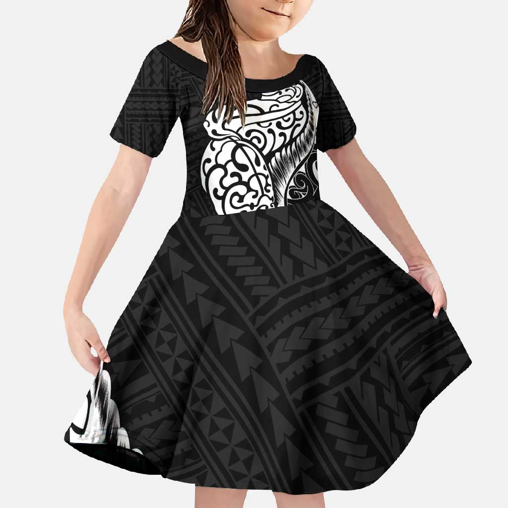 New Zealand Eel Family Matching Long Sleeve Bodycon Dress and Hawaiian Shirt Tuna Aotearoa Maori Patten - Black LT14 Daughter's Dress Black - Polynesian Pride