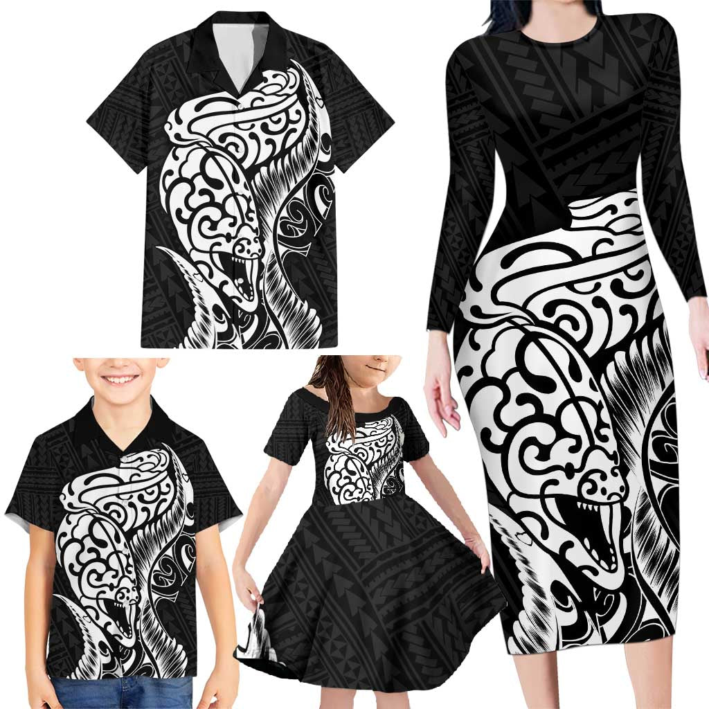 New Zealand Eel Family Matching Long Sleeve Bodycon Dress and Hawaiian Shirt Tuna Aotearoa Maori Patten - Black LT14 - Polynesian Pride