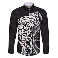 New Zealand Eel Family Matching Long Sleeve Bodycon Dress and Hawaiian Shirt Tuna Aotearoa Maori Patten - Black LT14 Dad's Shirt - Long Sleeve Black - Polynesian Pride