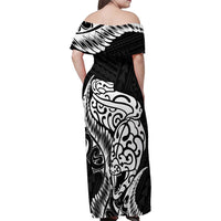 New Zealand Eel Family Matching Off Shoulder Maxi Dress and Hawaiian Shirt Tuna Aotearoa Maori Patten - Black