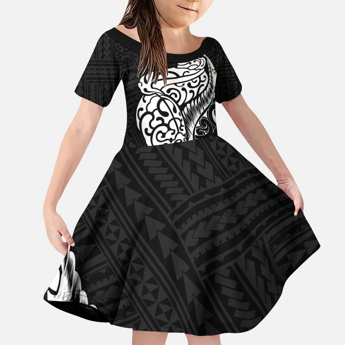 New Zealand Eel Family Matching Puletasi and Hawaiian Shirt Tuna Aotearoa Maori Patten - Black LT14 Daughter's Dress Black - Polynesian Pride