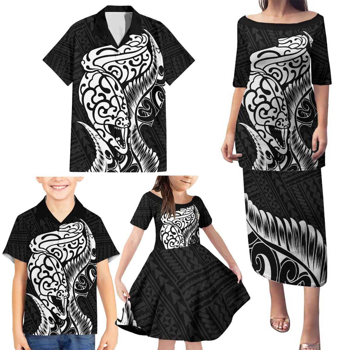 New Zealand Eel Family Matching Puletasi and Hawaiian Shirt Tuna Aotearoa Maori Patten - Black LT14 - Polynesian Pride