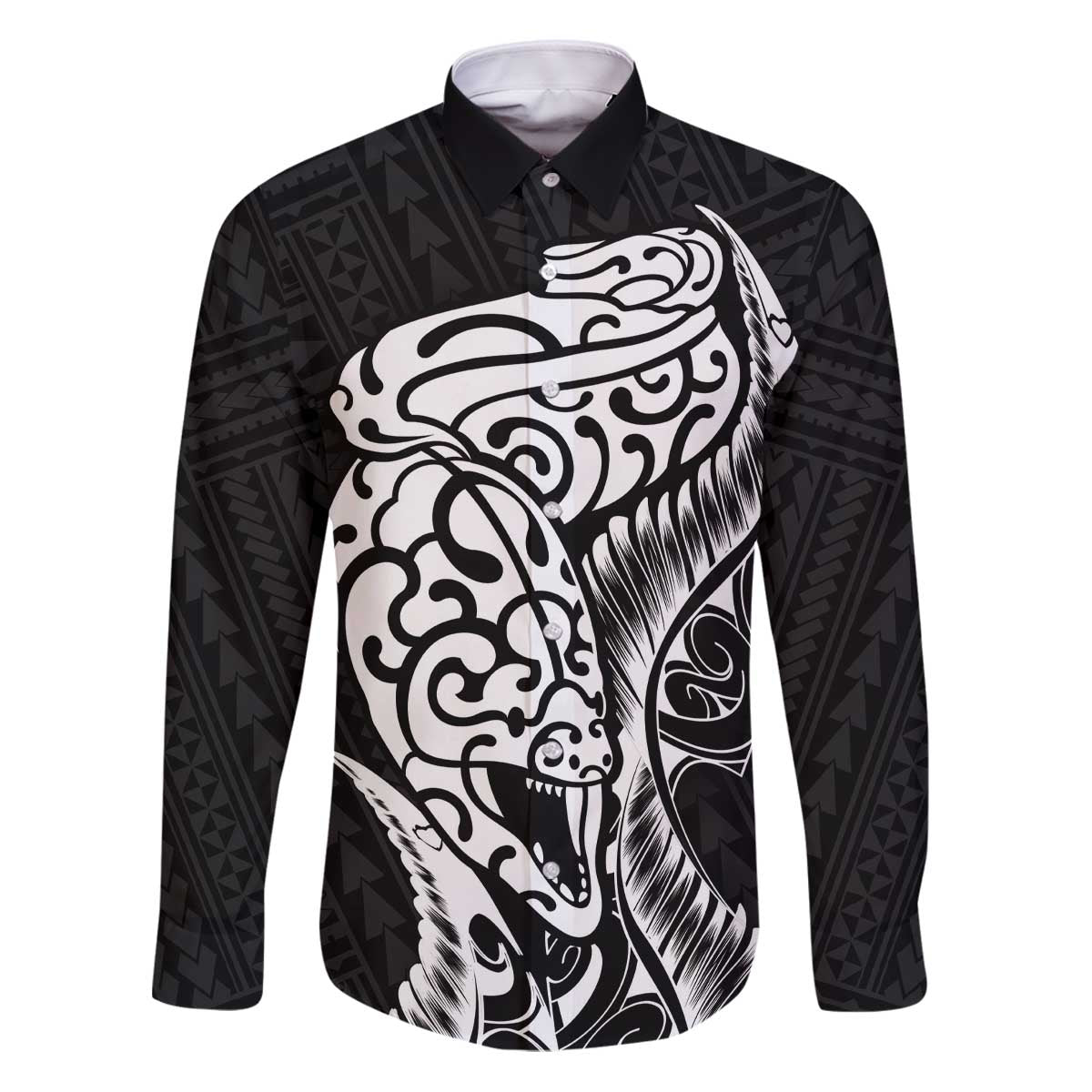 New Zealand Eel Family Matching Puletasi and Hawaiian Shirt Tuna Aotearoa Maori Patten - Black LT14 Dad's Shirt - Long Sleeve Black - Polynesian Pride