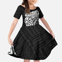 New Zealand Eel Family Matching Short Sleeve Bodycon Dress and Hawaiian Shirt Tuna Aotearoa Maori Patten - Black LT14 Daughter's Dress Black - Polynesian Pride