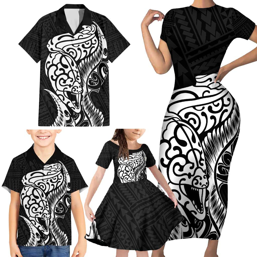 New Zealand Eel Family Matching Short Sleeve Bodycon Dress and Hawaiian Shirt Tuna Aotearoa Maori Patten - Black LT14 - Polynesian Pride