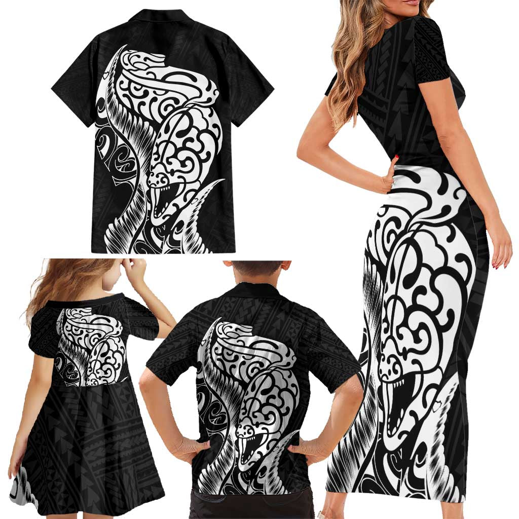 New Zealand Eel Family Matching Short Sleeve Bodycon Dress and Hawaiian Shirt Tuna Aotearoa Maori Patten - Black LT14 - Polynesian Pride