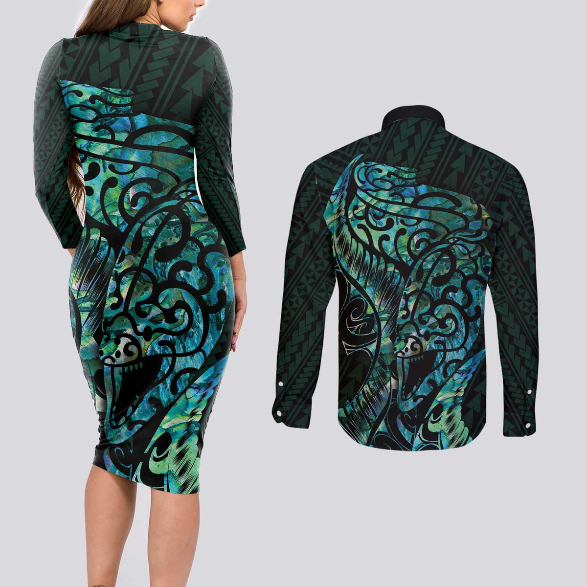 New Zealand Eel Couples Matching Long Sleeve Bodycon Dress and Long Sleeve Button Shirt Tuna Aotearoa Maori With Paua Shell - Turquoise LT14 - Polynesian Pride