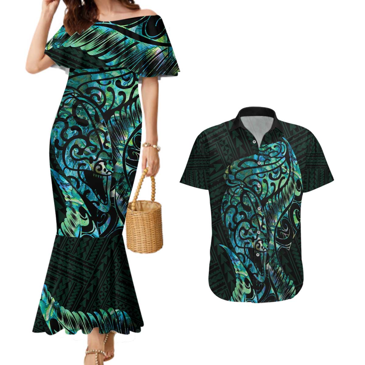 New Zealand Eel Couples Matching Mermaid Dress and Hawaiian Shirt Tuna Aotearoa Maori With Paua Shell - Turquoise LT14 Turquoise - Polynesian Pride