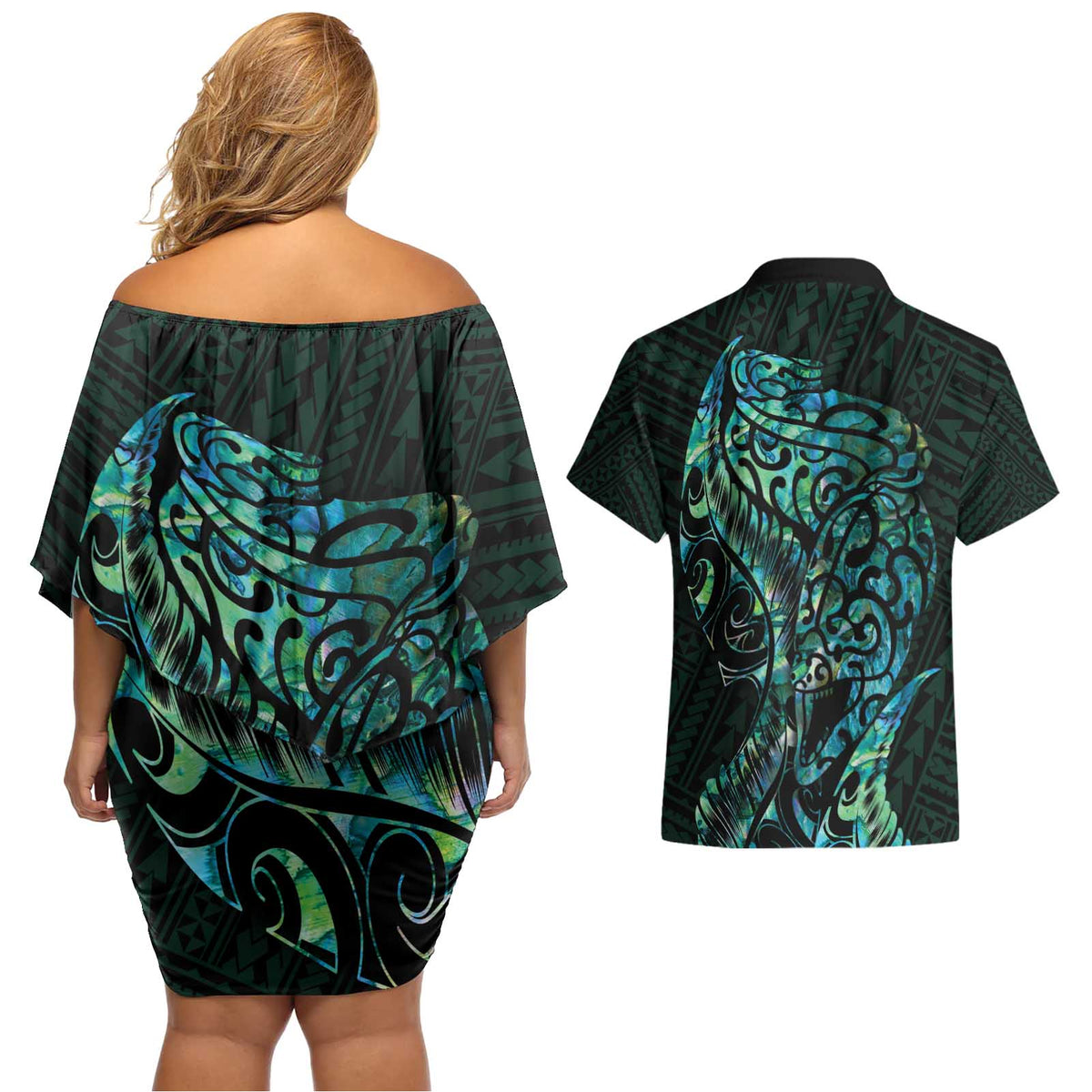 New Zealand Eel Couples Matching Off Shoulder Short Dress and Hawaiian Shirt Tuna Aotearoa Maori With Paua Shell - Turquoise LT14 - Polynesian Pride