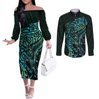New Zealand Eel Couples Matching Off The Shoulder Long Sleeve Dress and Long Sleeve Button Shirt Tuna Aotearoa Maori With Paua Shell - Turquoise LT14 Turquoise - Polynesian Pride