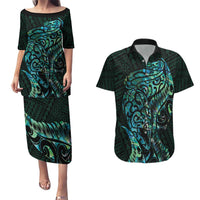 New Zealand Eel Couples Matching Puletasi and Hawaiian Shirt Tuna Aotearoa Maori With Paua Shell - Turquoise