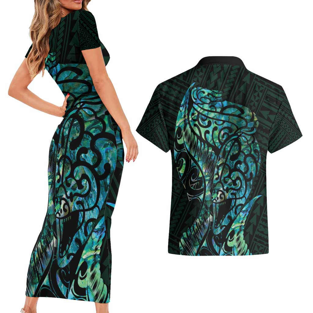New Zealand Eel Couples Matching Short Sleeve Bodycon Dress and Hawaiian Shirt Tuna Aotearoa Maori With Paua Shell - Turquoise