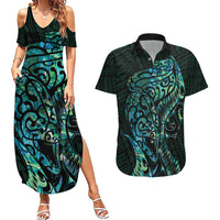 New Zealand Eel Couples Matching Summer Maxi Dress and Hawaiian Shirt Tuna Aotearoa Maori With Paua Shell - Turquoise LT14 Turquoise - Polynesian Pride