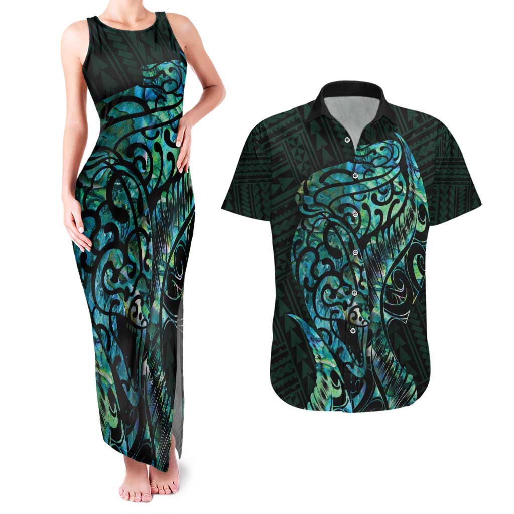 New Zealand Eel Couples Matching Tank Maxi Dress and Hawaiian Shirt Tuna Aotearoa Maori With Paua Shell - Turquoise LT14 Turquoise - Polynesian Pride