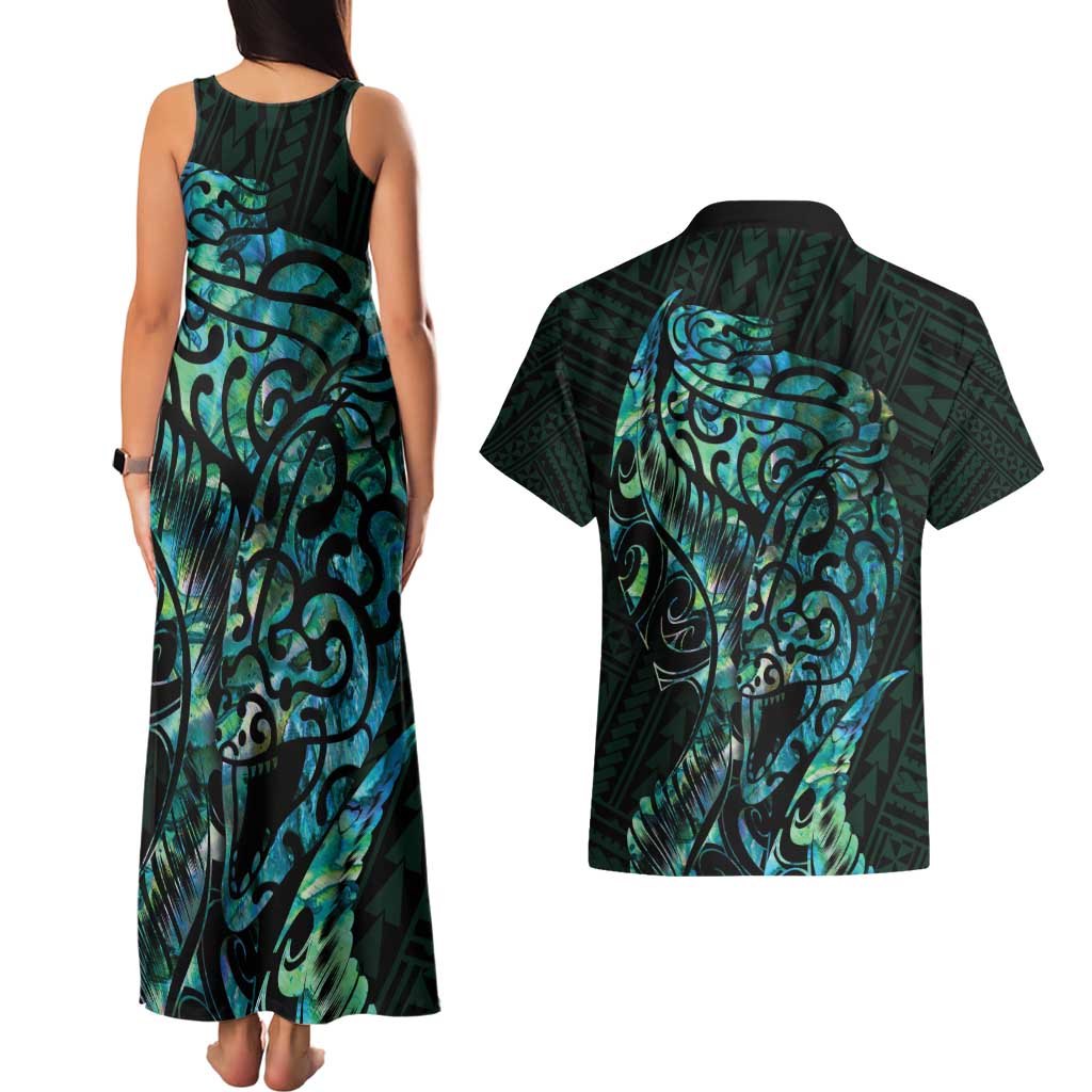 New Zealand Eel Couples Matching Tank Maxi Dress and Hawaiian Shirt Tuna Aotearoa Maori With Paua Shell - Turquoise LT14 - Polynesian Pride
