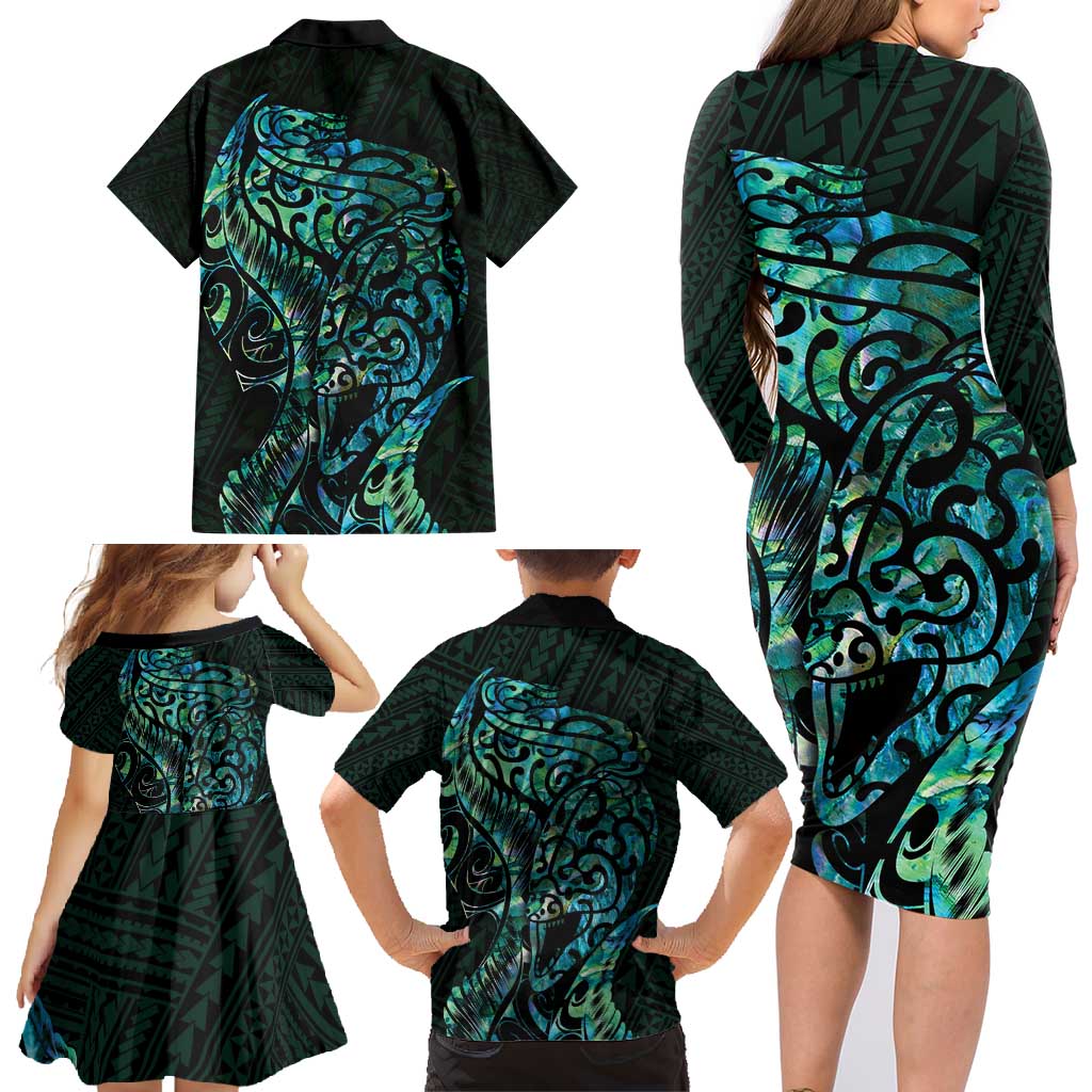 New Zealand Eel Family Matching Long Sleeve Bodycon Dress and Hawaiian Shirt Tuna Aotearoa Maori With Paua Shell - Turquoise LT14 - Polynesian Pride