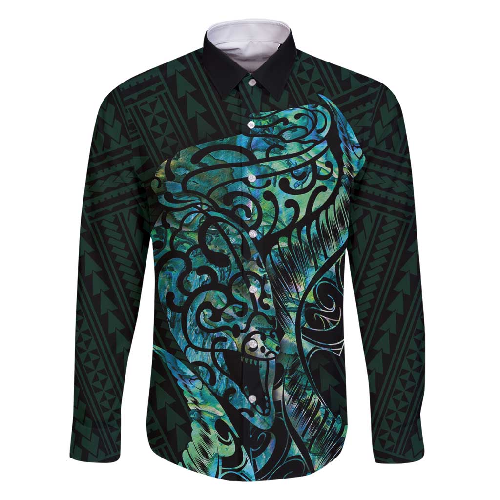 New Zealand Eel Family Matching Long Sleeve Bodycon Dress and Hawaiian Shirt Tuna Aotearoa Maori With Paua Shell - Turquoise LT14 Dad's Shirt - Long Sleeve Turquoise - Polynesian Pride