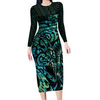 New Zealand Eel Family Matching Long Sleeve Bodycon Dress and Hawaiian Shirt Tuna Aotearoa Maori With Paua Shell - Turquoise LT14 Mom's Dress Turquoise - Polynesian Pride