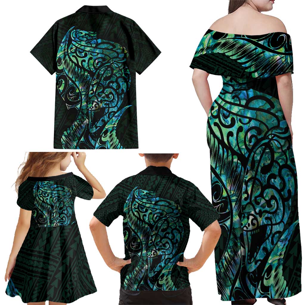 New Zealand Eel Family Matching Off Shoulder Maxi Dress and Hawaiian Shirt Tuna Aotearoa Maori With Paua Shell - Turquoise