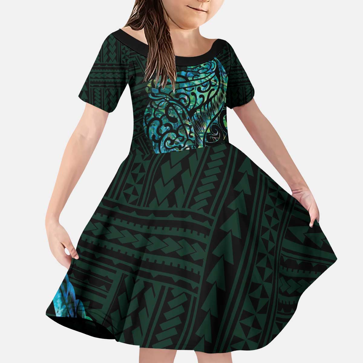 New Zealand Eel Family Matching Puletasi and Hawaiian Shirt Tuna Aotearoa Maori With Paua Shell - Turquoise LT14 Daughter's Dress Turquoise - Polynesian Pride