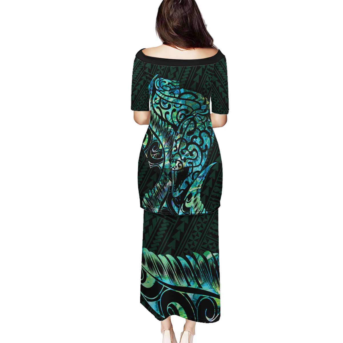 New Zealand Eel Family Matching Puletasi and Hawaiian Shirt Tuna Aotearoa Maori With Paua Shell - Turquoise LT14 - Polynesian Pride