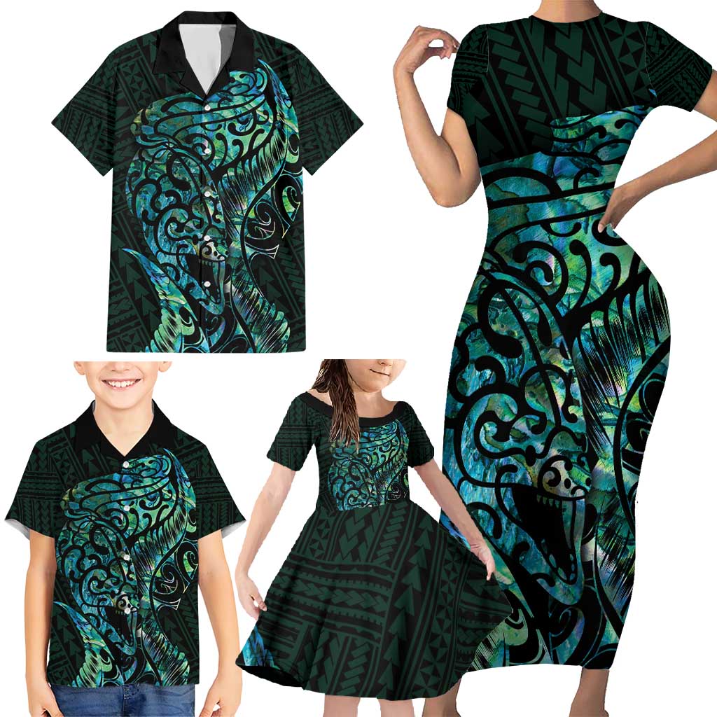 New Zealand Eel Family Matching Short Sleeve Bodycon Dress and Hawaiian Shirt Tuna Aotearoa Maori With Paua Shell - Turquoise LT14 - Polynesian Pride