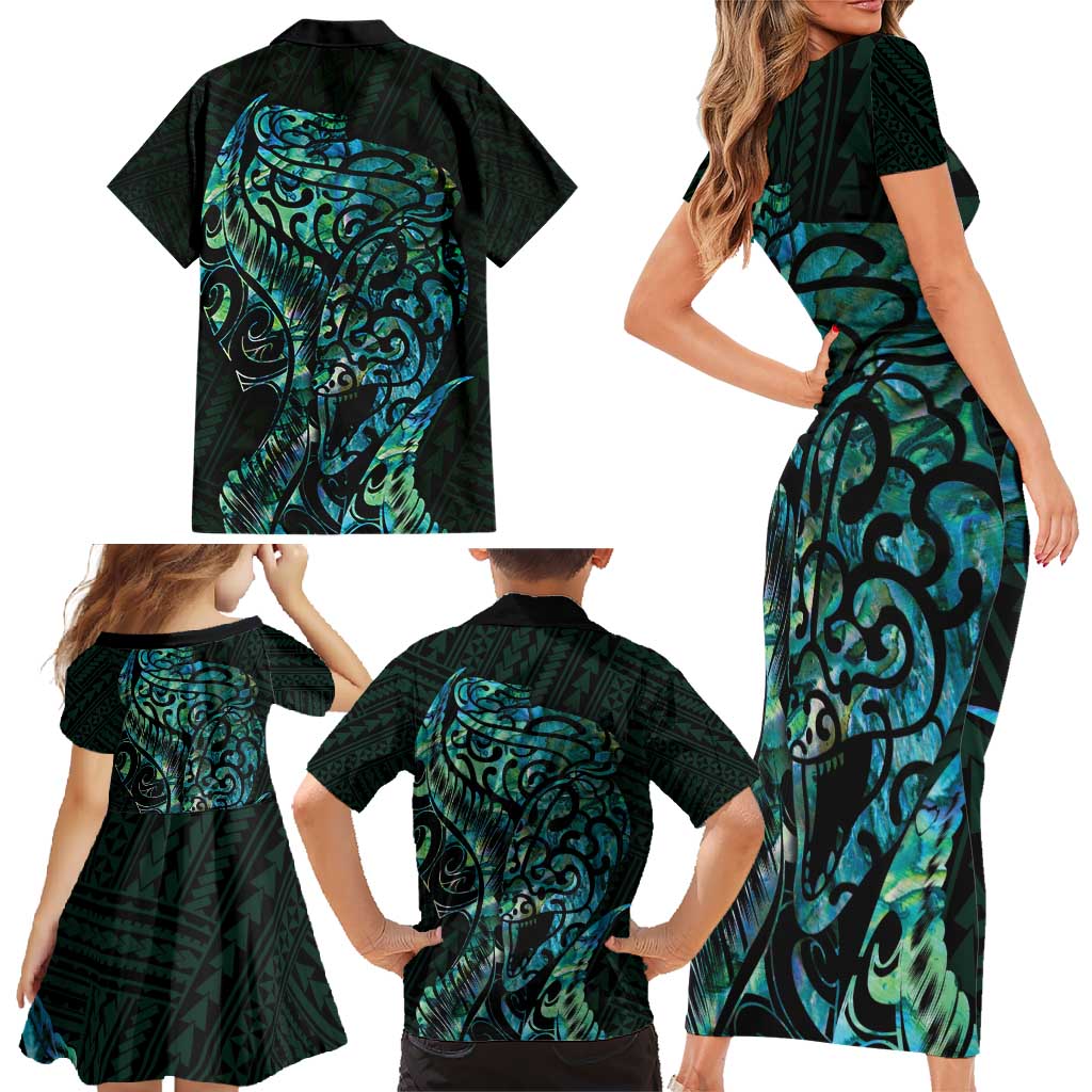 New Zealand Eel Family Matching Short Sleeve Bodycon Dress and Hawaiian Shirt Tuna Aotearoa Maori With Paua Shell - Turquoise LT14 - Polynesian Pride