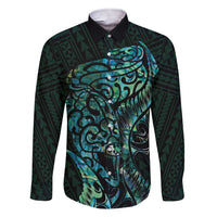 New Zealand Eel Family Matching Short Sleeve Bodycon Dress and Hawaiian Shirt Tuna Aotearoa Maori With Paua Shell - Turquoise LT14 Dad's Shirt - Long Sleeve Turquoise - Polynesian Pride
