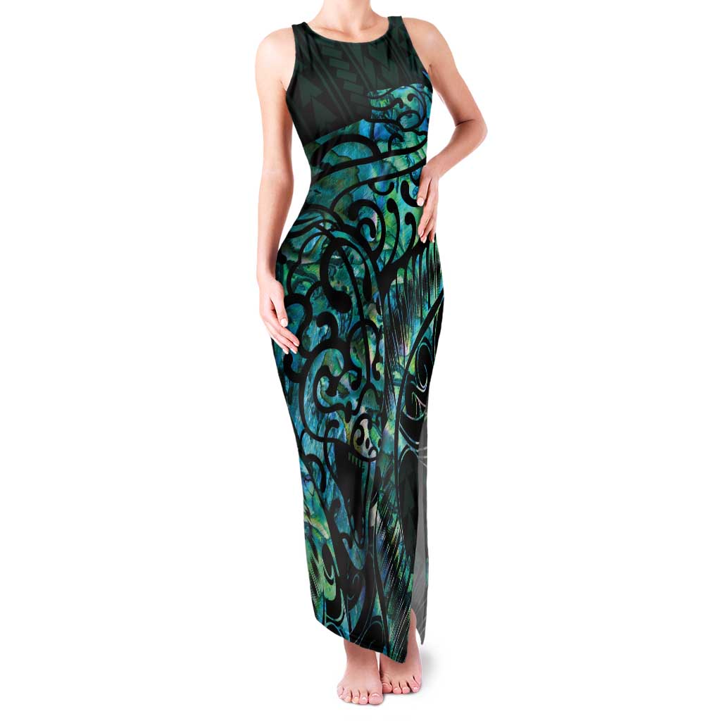 New Zealand Eel Family Matching Tank Maxi Dress and Hawaiian Shirt Tuna Aotearoa Maori With Paua Shell - Turquoise