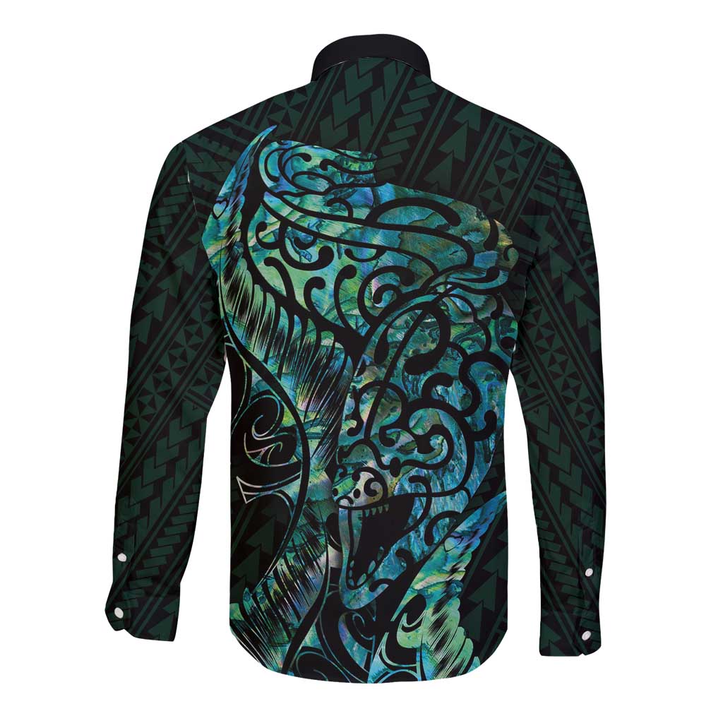 New Zealand Eel Long Sleeve Button Shirt Tuna Aotearoa Maori With Paua Shell - Turquoise