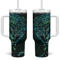 New Zealand Eel Tumbler With Handle Tuna Aotearoa Maori With Paua Shell - Turquoise