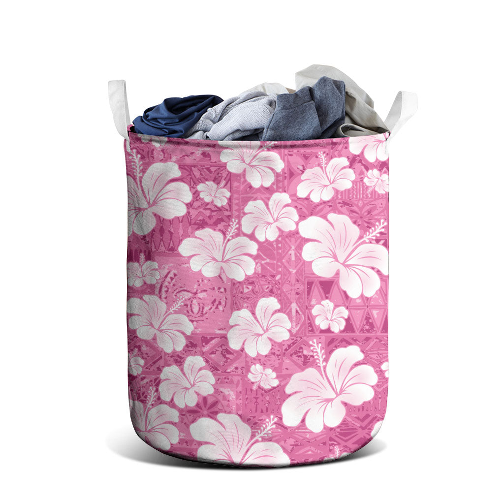 Pink Bula Fiji Masi Hibiscus Seamless Laundry Basket