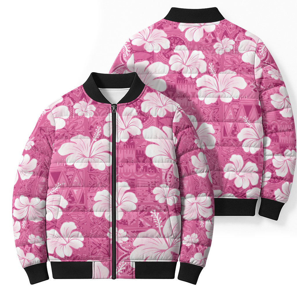 Pink Bula Fiji Masi Hibiscus Seamless Bomber Puffer Jacket