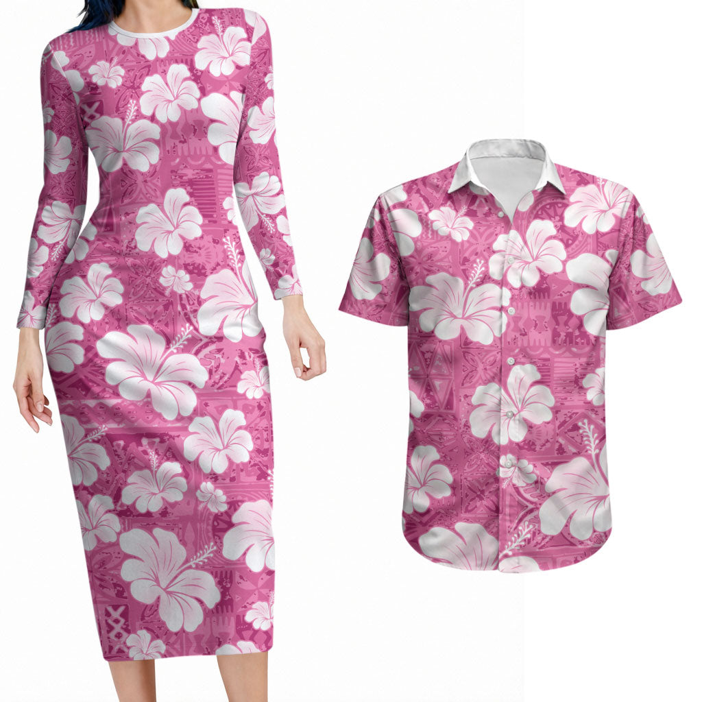 Pink Bula Fiji Masi Hibiscus Seamless Couples Matching Long Sleeve Bodycon Dress and Hawaiian Shirt