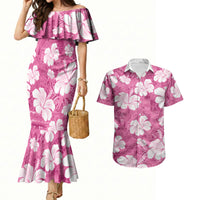 Pink Bula Fiji Masi Hibiscus Seamless Couples Matching Mermaid Dress and Hawaiian Shirt